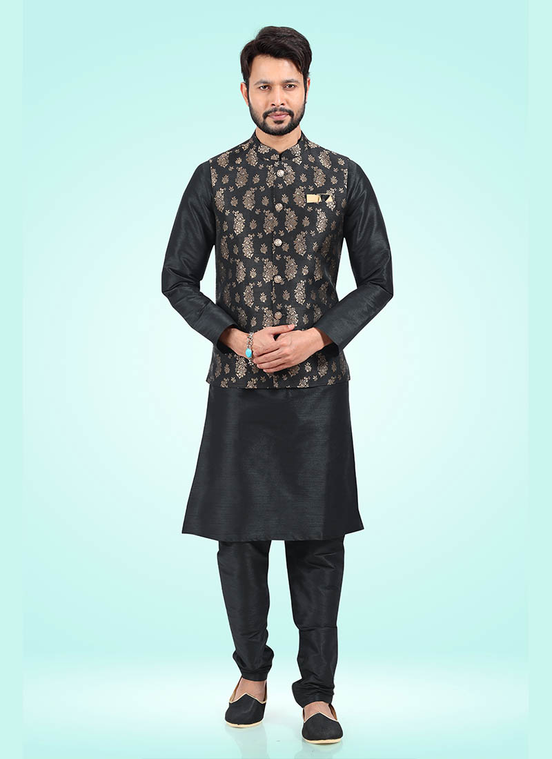 Green Banarasi Silk Kurta Pajama With Jacket main image 1